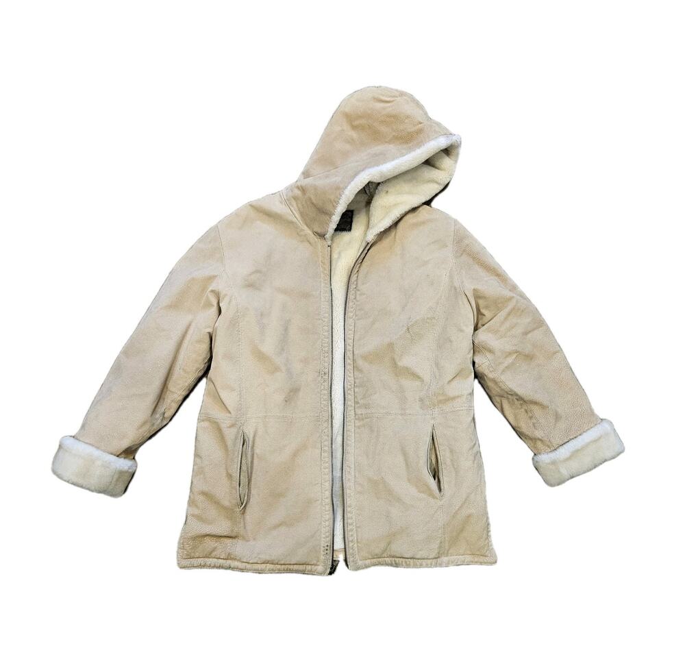 Vtg St Johns Bay Suede Jacket Womens L Beige Coat Faux Fur Lined Pockets Boho
